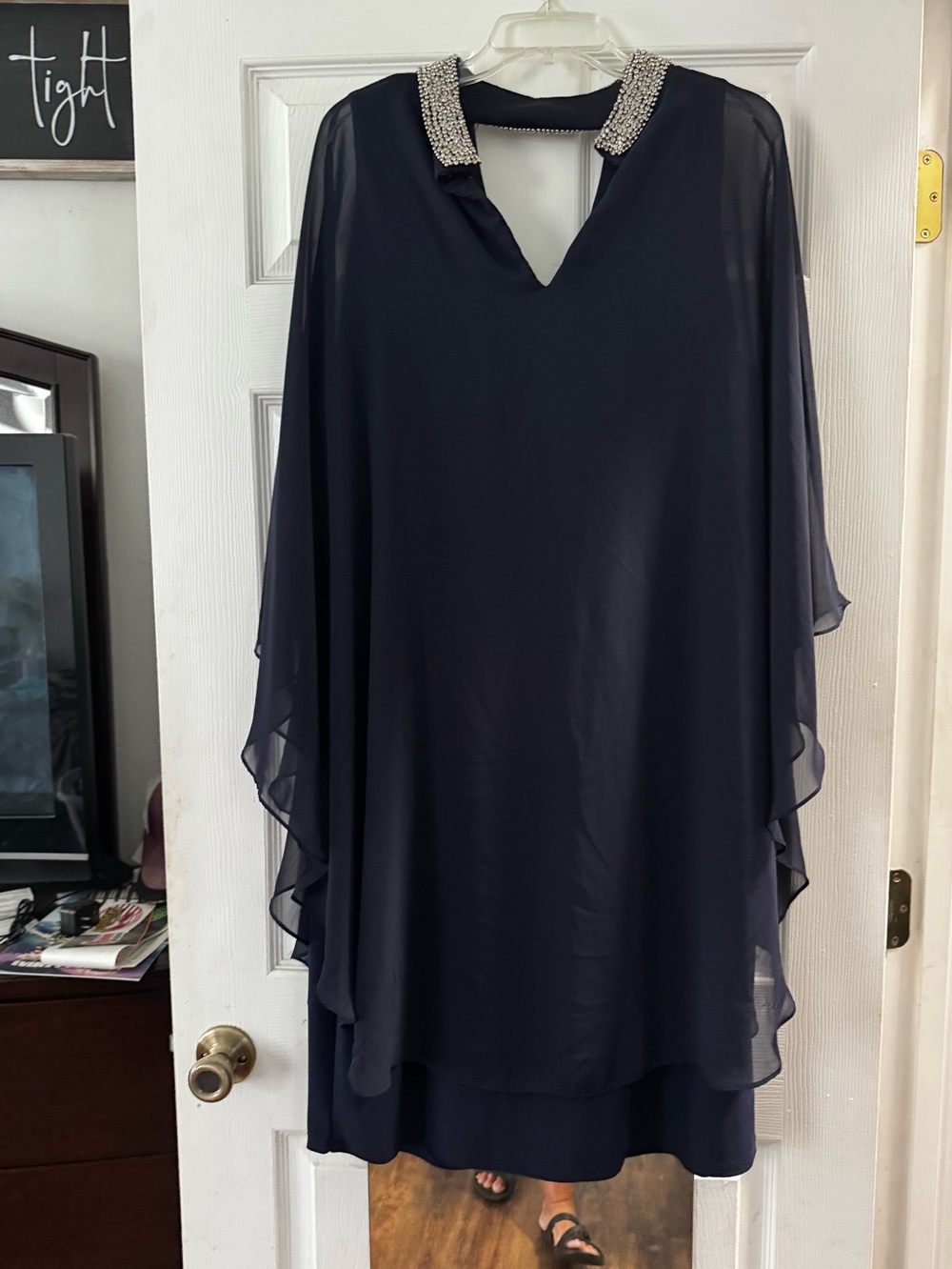 Elegant Navy Beaded Collar Chiffon Overlay Dress